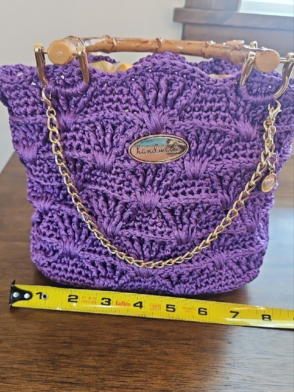Hand Crocheted Purple Hand Bag with Bamboo Handles - Picture 4 of 4